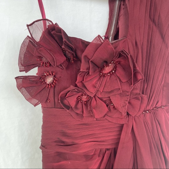 Adrianna Papell Burgundy One Shoulder Sleeveless Beaded Ruched Long Prom Dress - Picture 6 of 12